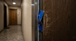 Tarjeta de crédito azul rota y atascada en el marco solapado de madera al intentar como abrir una puerta con una tarjeta.