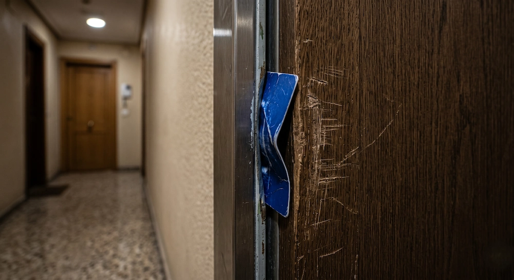 Tarjeta de crédito azul rota y atascada en el marco solapado de madera al intentar como abrir una puerta con una tarjeta.