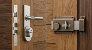 Comparativa de tipos de cerraduras para puertas: a la izquierda una cerradura multipunto embutida con manivela de acero, a la derecha una cerradura de sobreponer clásica de bronce con pestillo de barra.