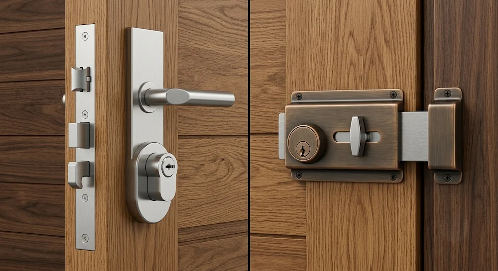 Comparativa de tipos de cerraduras para puertas: a la izquierda una cerradura multipunto embutida con manivela de acero, a la derecha una cerradura de sobreponer clásica de bronce con pestillo de barra.